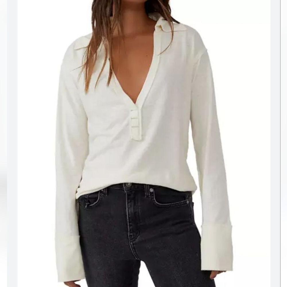 Free People Collared Split Neck Top